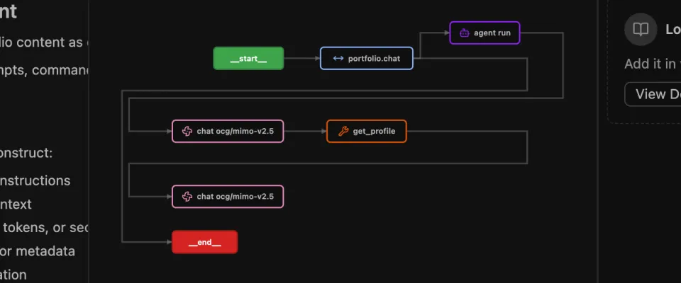 Langfuse trace graph illustrating the step-by-step execution path and tool calls of the portfolio agent